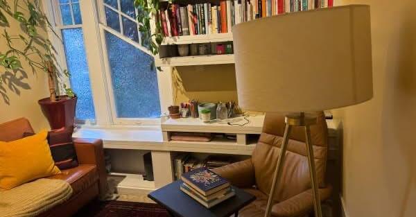 Suite 202 — upper-level office with built-in shelving, large window, plants, and leather seating